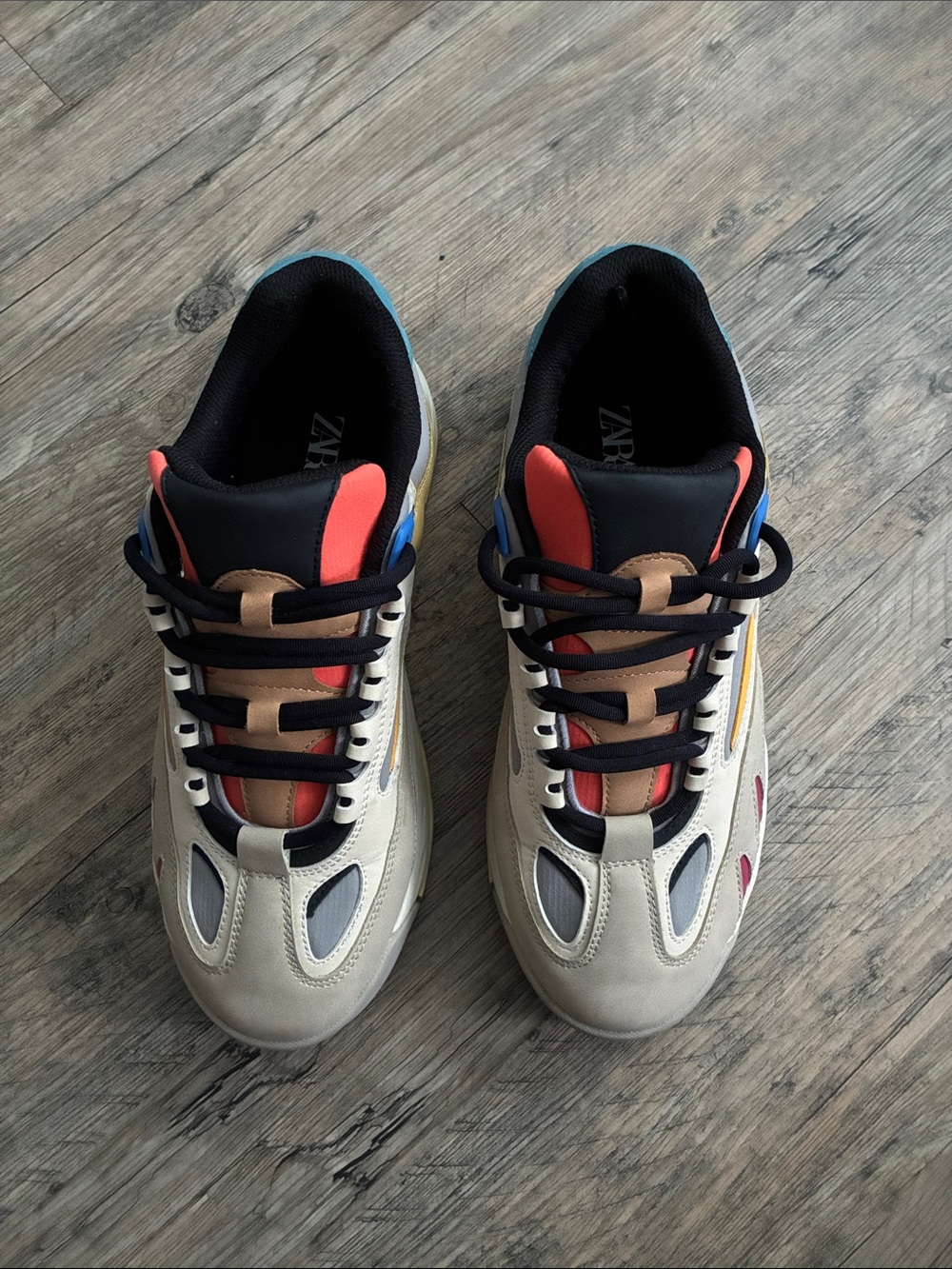 Zara Men's Cream Chunky Sneakers with Red & Blue Accents